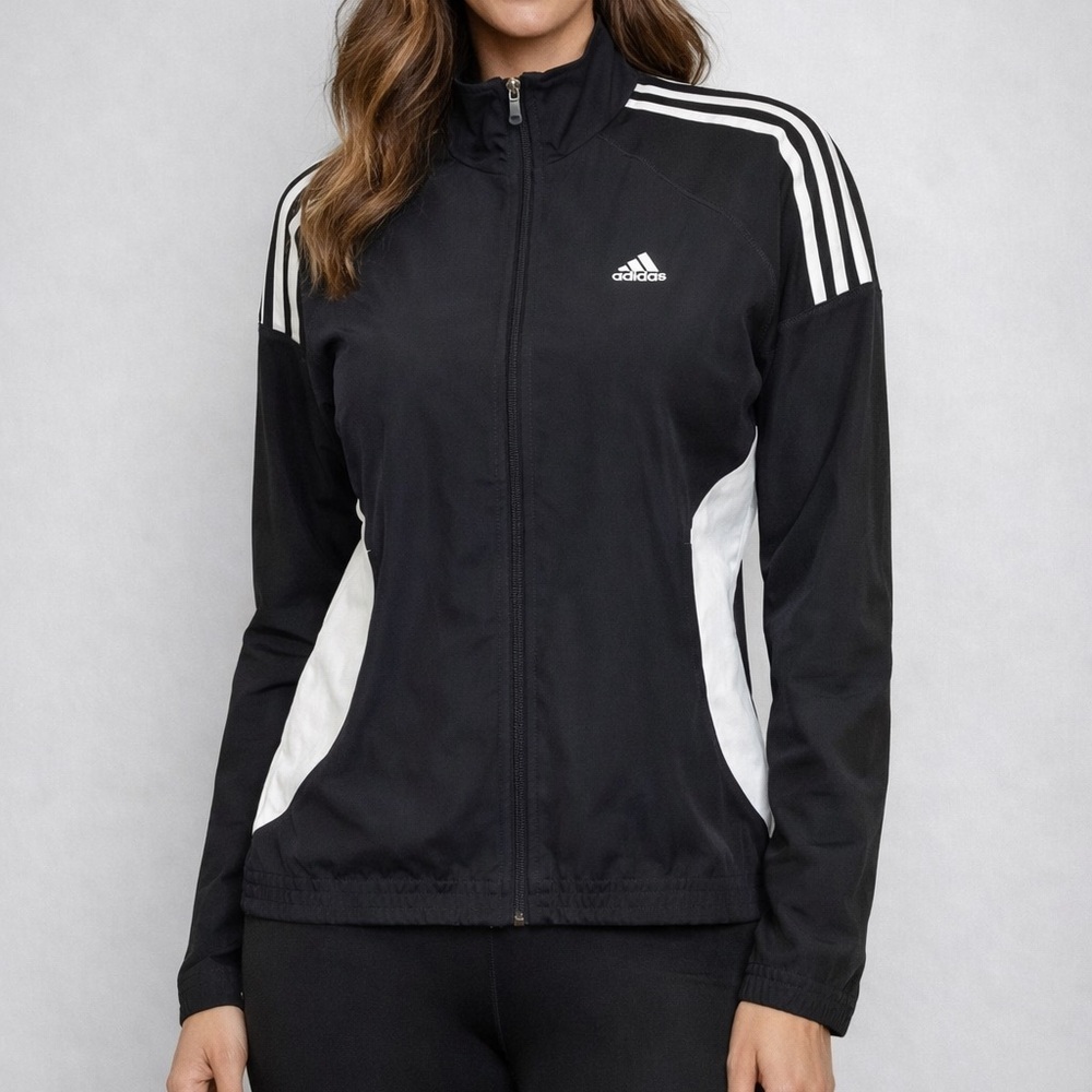 Adidas black white full zip track jacket three stripe athleisure size S
